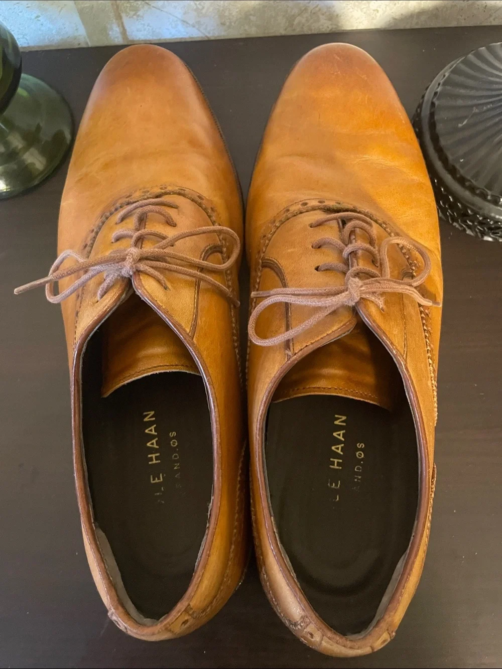 Cole Haan Men's Cognac Leather Derby Oxfords with Brogue Accents